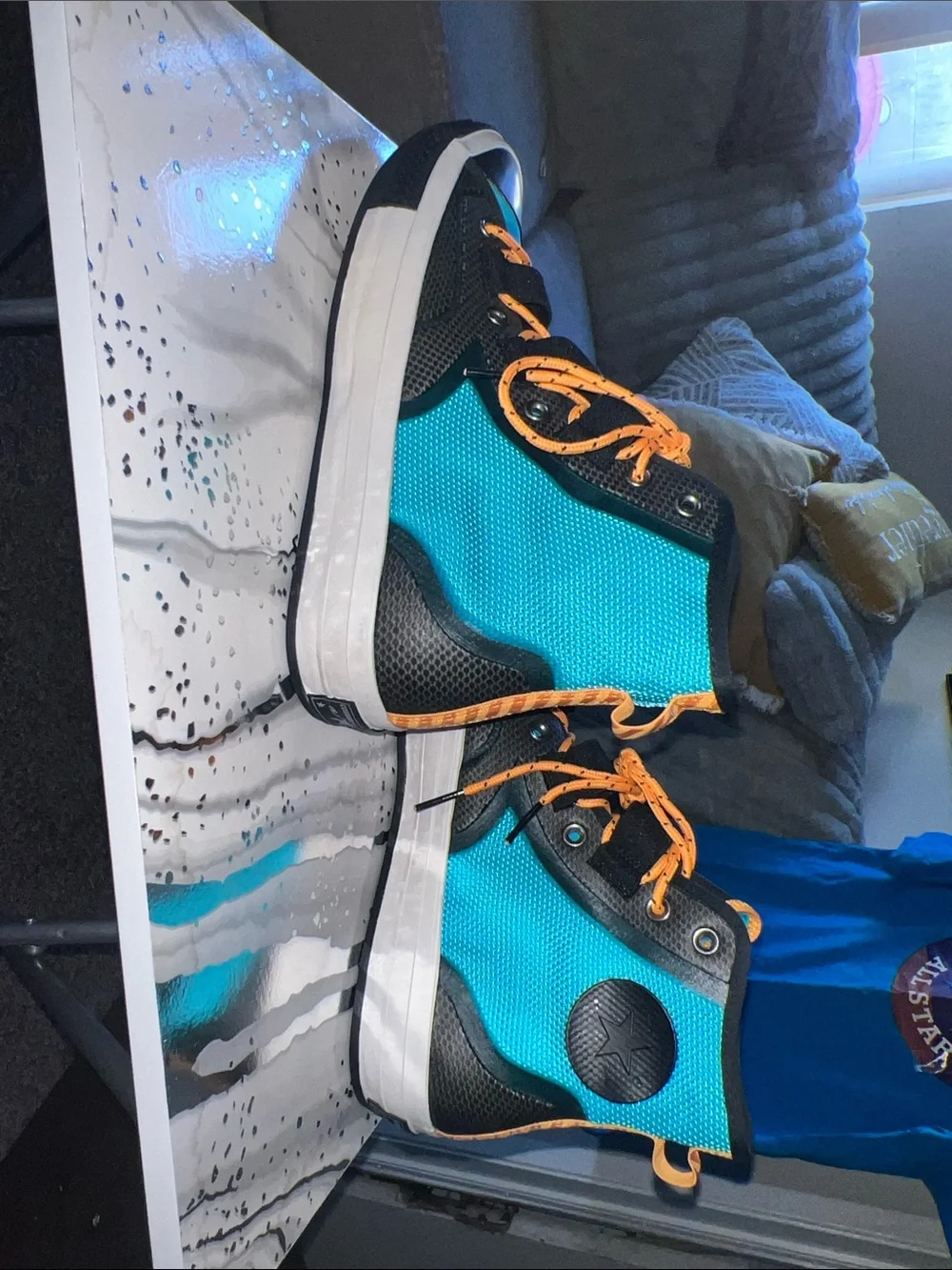 Converse Kids Black and Teal High-Tops with Orange Laces - Picture 4 of 8